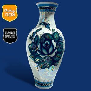 Fenix Kislovodsk Porcelain Hand Painted Iridescent Pearl, Blue, Gold Flower Vase